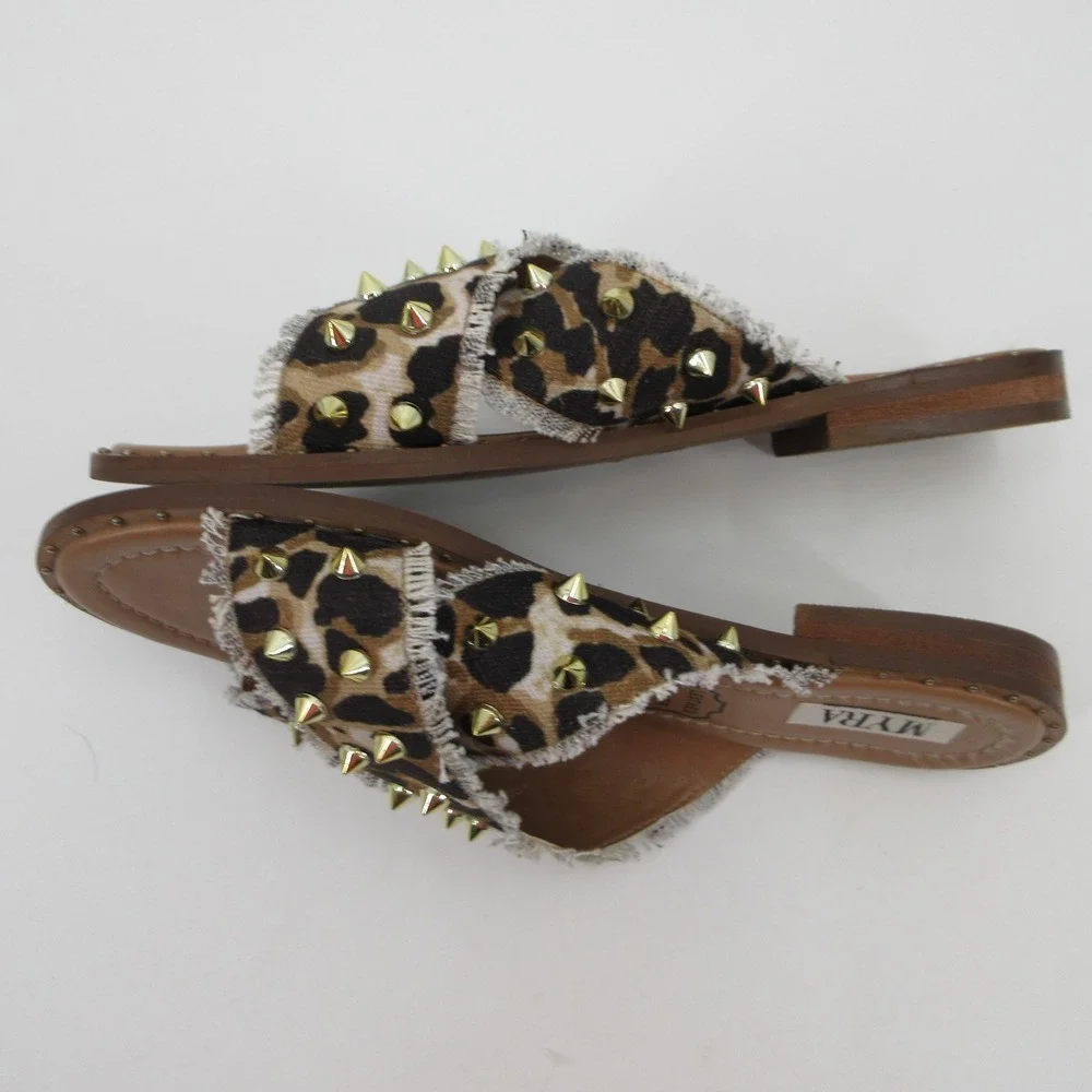 Myra Womens Leopard Print Studded Crisscross Slide Sandals Flat Brown Size 9